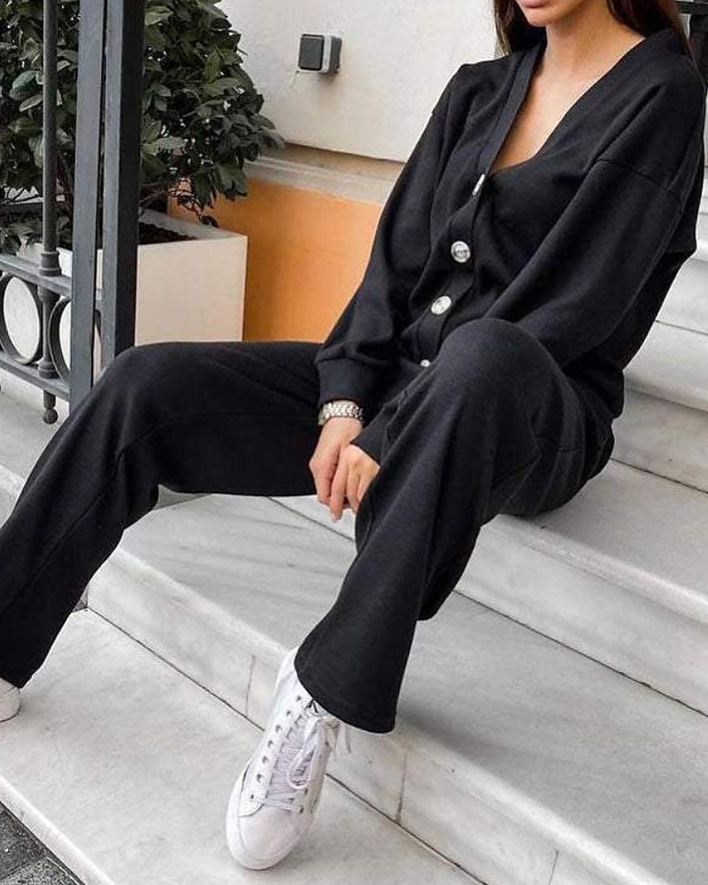 Dames Actief Streetwear Blouse Broeken Sets Lange mouw V-hals Effen Kleur Vakantie Alledaagse kleding Zwart Leger Groen Stoffig blauw Herfst Normale pasvorm 2025 - $24.99 –P7