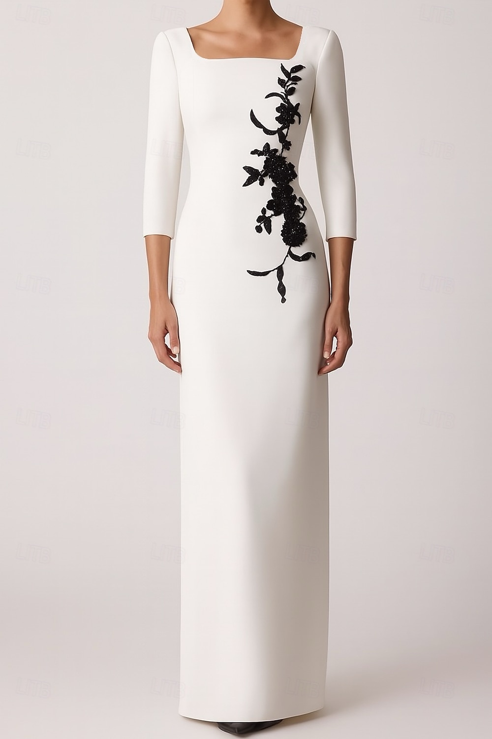 schwarz-weißes Etuikleid/Säulen-Abendkleid, elegantes Kleid, formelle Hochzeit, bodenlang, 3/4-Ärmel, quadratischer Ausschnitt, Stretch-Krepp mit floraler Perlenspitze, 2025 2025 - $139.99 –P4