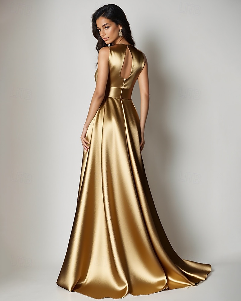Rochie de seară elegantă, verde auriu, în linie A, rochie formală de nuntă, lungime până la podea, fără mâneci, decolteu în V, culoarea șampanie, rochie de seară pentru mama miresei, satin elastic cu 2025 - $137.99 –P2