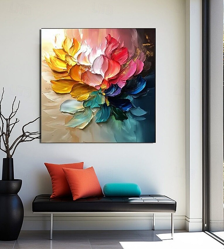 Pintura a óleo artesanal multicolorida com flores, pintada à mão, pétalas vibrantes em gradiente, pinceladas texturizadas empastadas, emolduradas em madeira natural, casa eclética moderna com detalhes de 2025 por $150.99 –P3