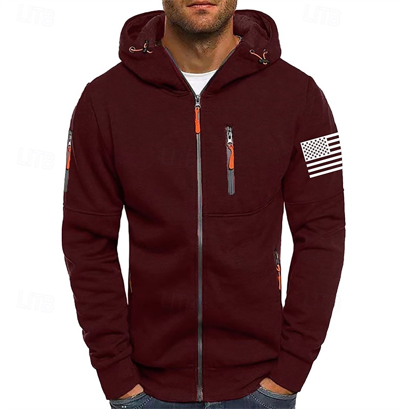 Per uomo Felpa con cappuccio Felpa con cappuccio a zip intera Nero Bianco Vino Verde militare Blu marino Con Cappuccio Bandiera Nazionale Con zip Tasca Sport & Outdoor Quotidiano Ferie Poliestere del 2025 a $22.99 –P4