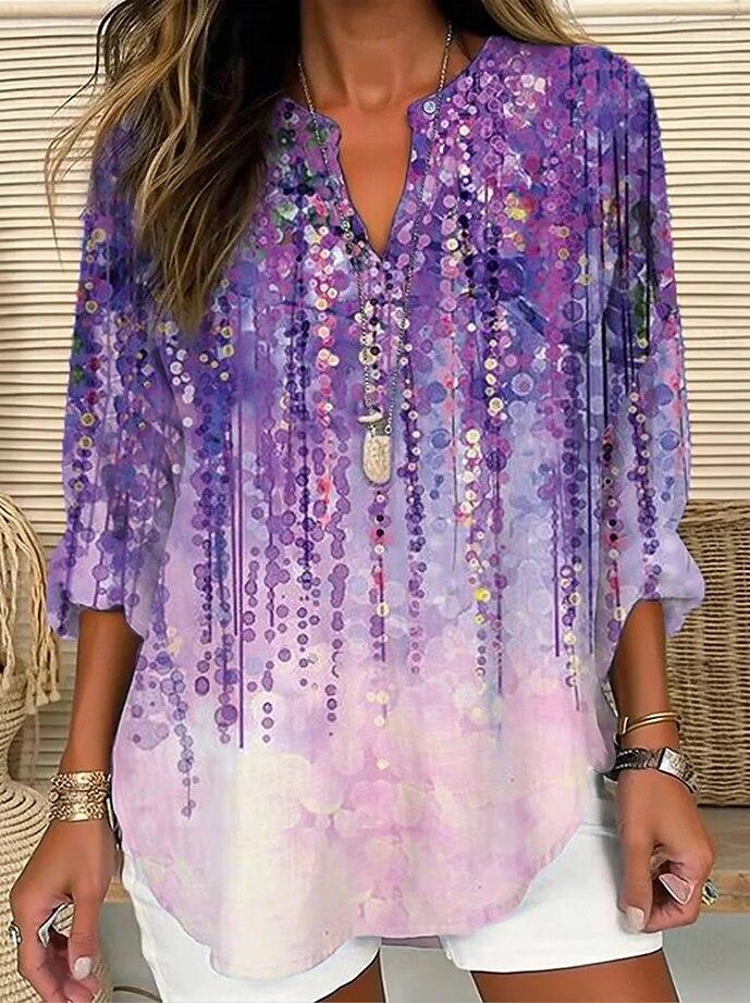 Femmes Chemisier Graphique Animal Bohème ancien Tropical manche longue Col en V Hauts Réguliers Quotidien Fête Tenue de plage Imprimé Violet Arc-en-ciel Beige Été Printemps de 2025 ? $24.99 –P1