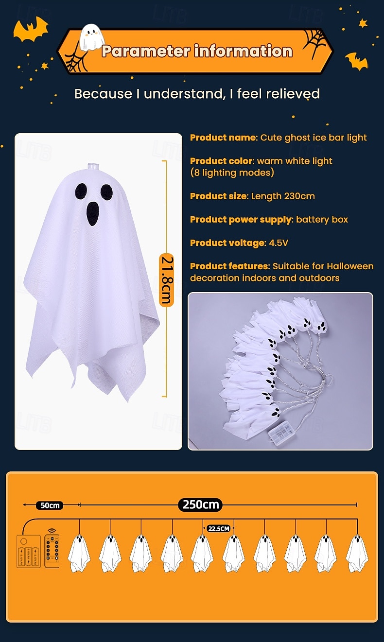 1 Pc Halloween 2.5M 10 luminous hanging ghost ghost light string AAA waterproof battery box 8 function remote control indoor and outdoor courtyard party Halloween atmosphere decoration light 2025 - $20.99 –P15