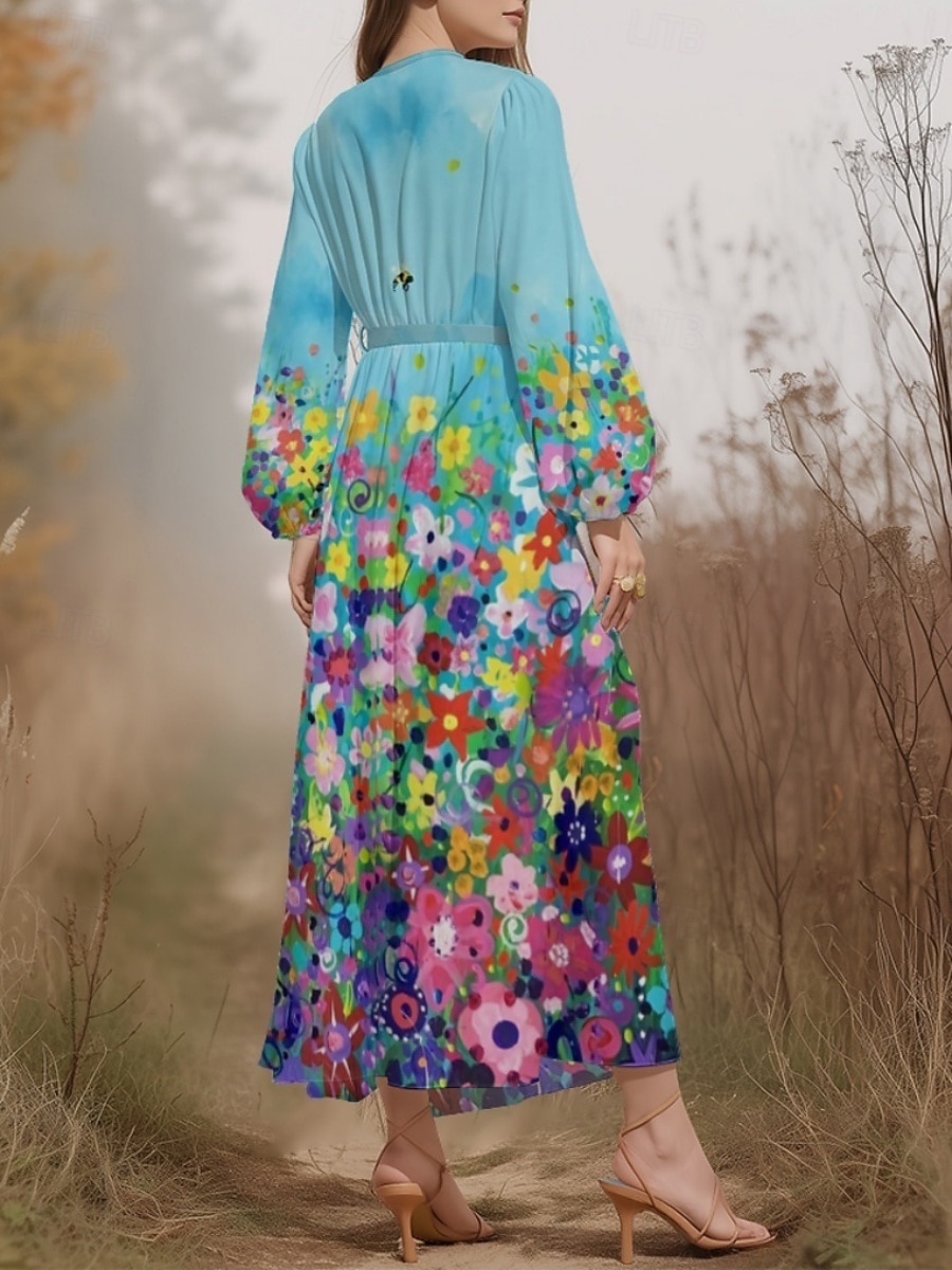 Femmes Robe Midi Robe Décontractée Mousseline de Soie Robe évasée Moderne Vacances Quotidien Week-end Coupe régulière Fleuri manche longue Col en V Blanche Bleu Bleu clair Été Printemps Automne de 2025 ? $31.99 –P1