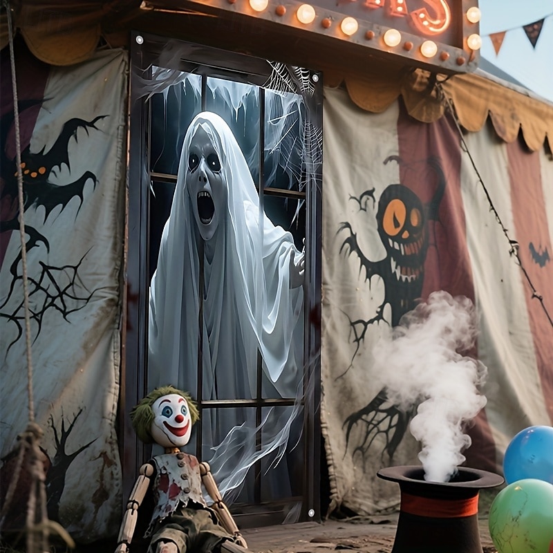 2025年 ハロウィンの窓バナーデコレーション 1個 怖いゴーストデザイン ポリエステル生地 屋内壁と窓用装飾 パーティーやカーニバル用 電気不要 万能ホリデーアクセサリー  コレクション – $77.99 –P10