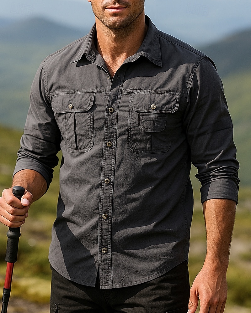 Herren Cargo-Shirt Wanderspitze Hemd mit abzippbaren Ärmeln Langarm Umlegekragen Oberteil Außen Schnelltrocknend Baumwollmischung Grau Reisen Laufen 2025 - $29.99 –P1