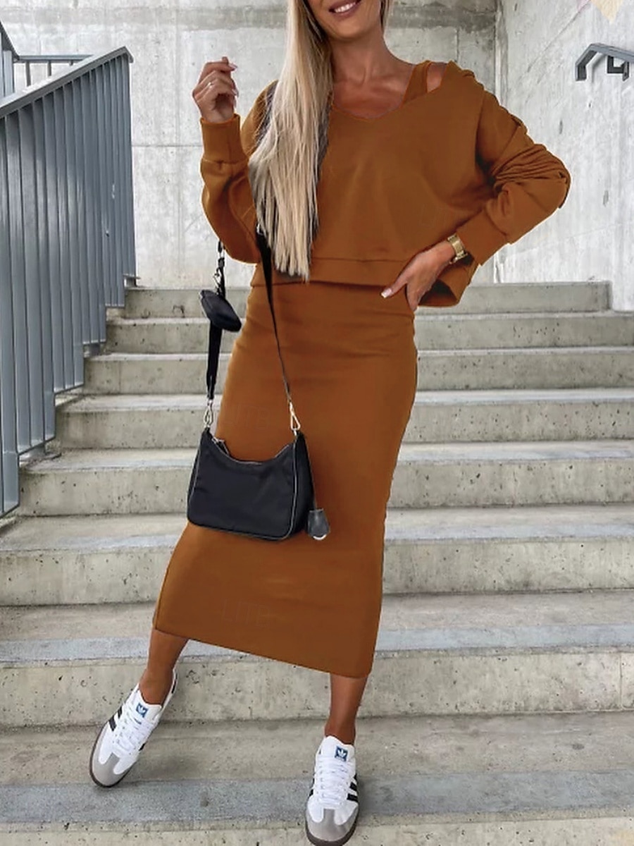 Femmes Robe Ensemble Robe fourreau Occasionnel Uni Froncé Robe Midi manche longue À capuche Extérieur Quotidien Noir Chameau Café Été Printemps Coupe régulière de 2025 ? $32.99 –P1