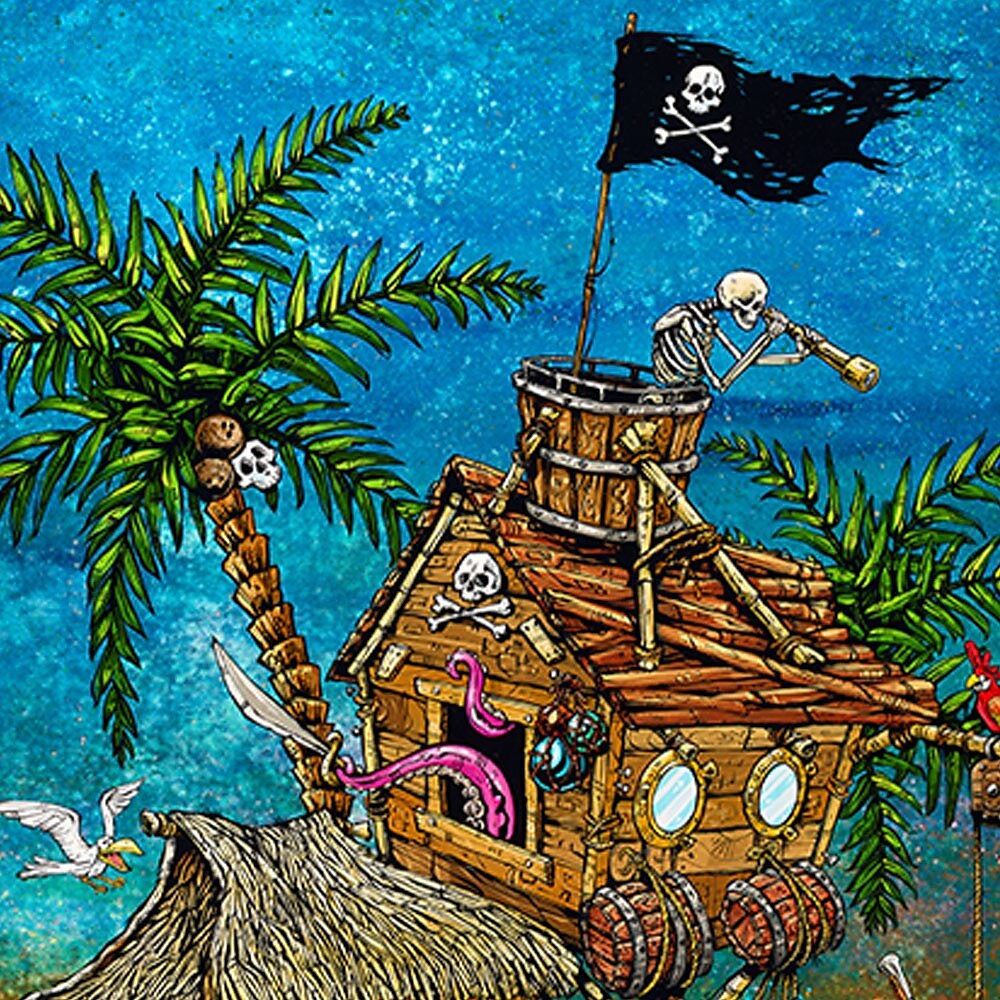 Rum Runners Resort von David Lozeau Herrenhemd mit Totenkopf-Kokosnussbaum-Knopfleiste, kurzärmlig, Designerhemd, limitierte Künstleredition 2025 - $23.99 –P2
