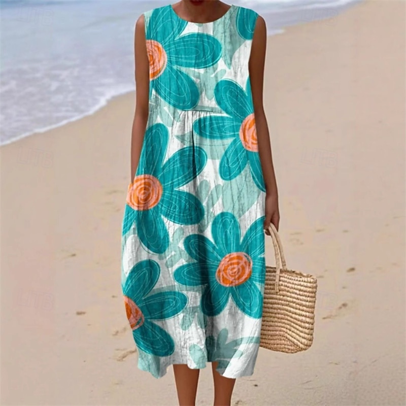 Femmes Robe Midi Robe Décontractée Robe d'été Mode Moderne Quotidien Plage Week-end Coupe régulière Fleur Sans manches Col ras du cou Bleu clair Été Printemps de 2025 ? $22.99 –P1