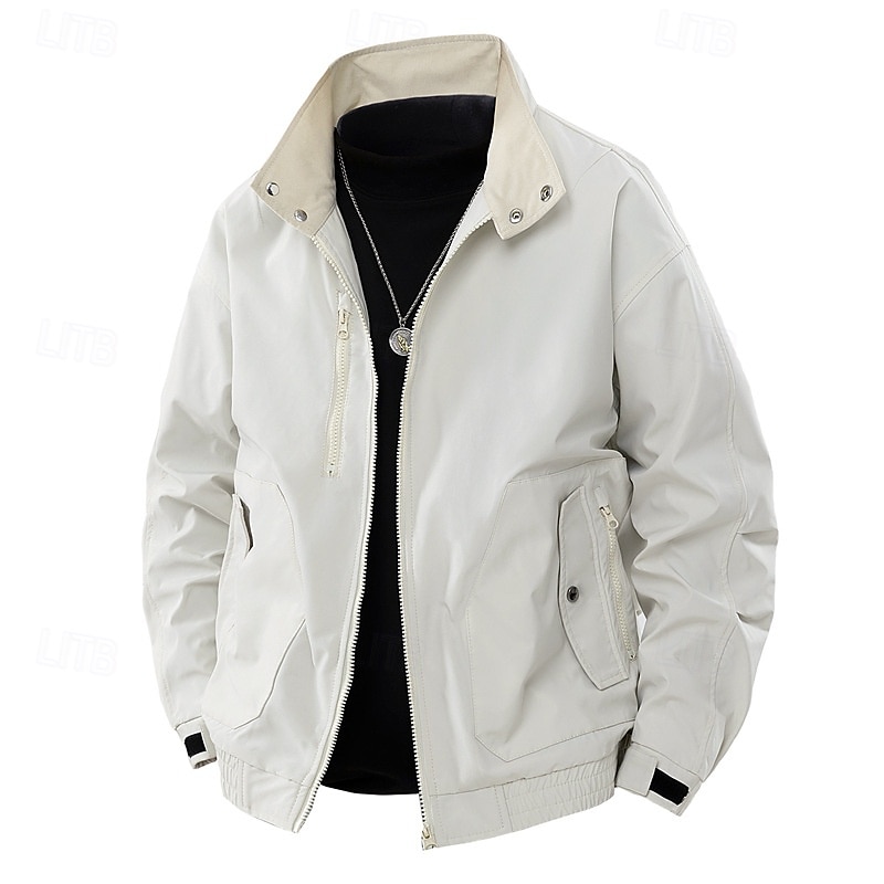 Men's Lightweight Jacket Cargo Jacket Casual Jacket Vacation Daily Windproof Windbreaker Pocket Fall Winter Plain Fashion Classic Stand Collar Regular Black White Purple Green Jacket 2025 - $51.99 –P5