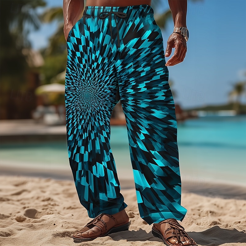 Herren Geometrisch Optische Täuschung Hose Baggy-Hosen Freizeithose Mittlere Taille Lässig Outdoor Urlaub Elastischer Kordelzug in der Taille Leinenähnliche Hose mit Taschen Sommer Frühling Herbst 2025 - $25.99 –P1