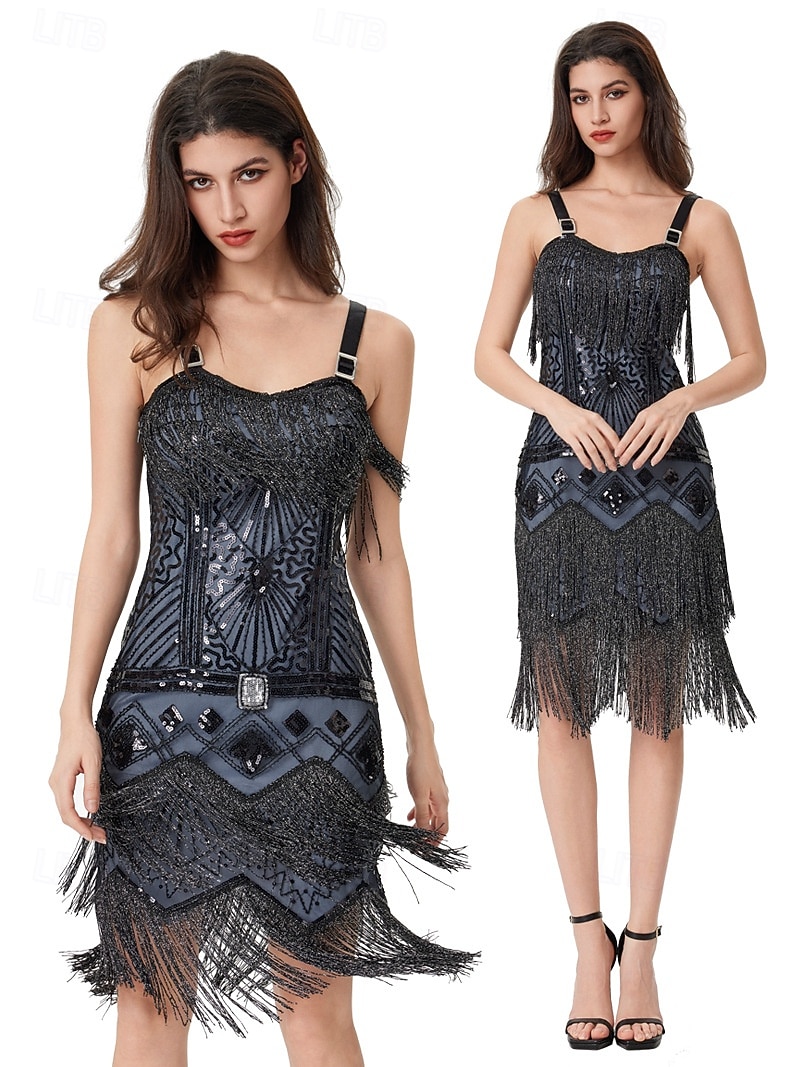 Anni Ruggenti Anni 1920 Sopra il ginocchio Lunghezza al ginocchio Abito Flapper Abito da cocktail Senza maniche Il grande Gatsby Ragazza Flapper Paillettes Frange Scollo a V Costume Per donna Natale del 2026 a $52.99 –P1