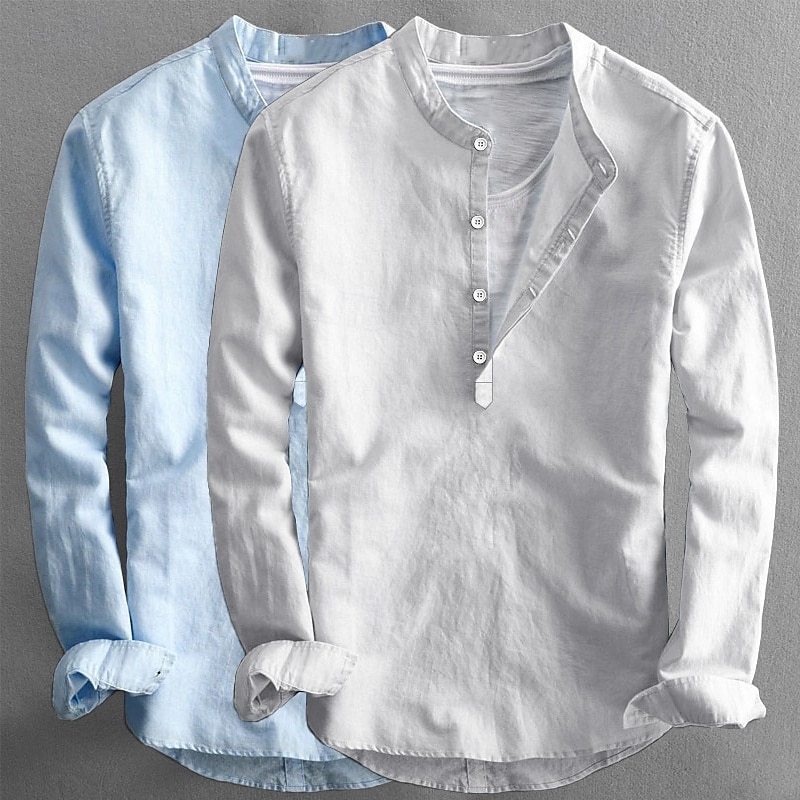 Homens Camisa de linho Camisa de colarinho de banda Camisa Popover camisa de verão Roupa de Praia Camisa casual Tecido Férias Casual Laranja + azul Rosa + Azul Marinho Branco + preto Rosa + azul de 2025 por $27.99 –P2