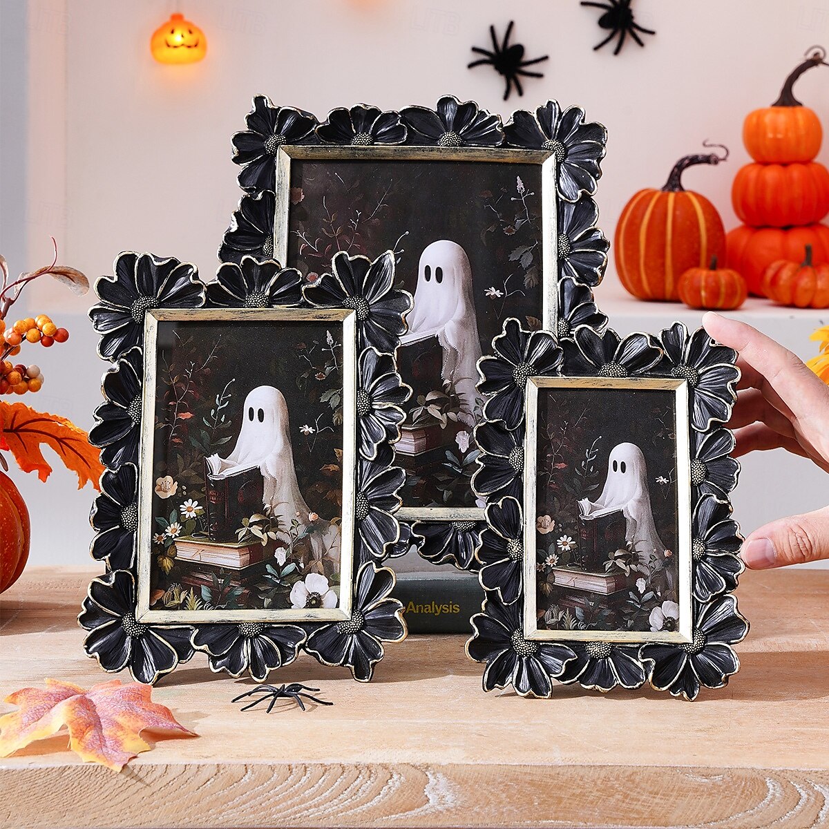 Cadre photo en résine gothique d'Halloween, motif marguerite 3D noir et or, cadre d'affichage photo rectangulaire pour la décoration intérieure, support photo chaud de bureau, utilisation horizontale de 2025 ? $17.99 –P11