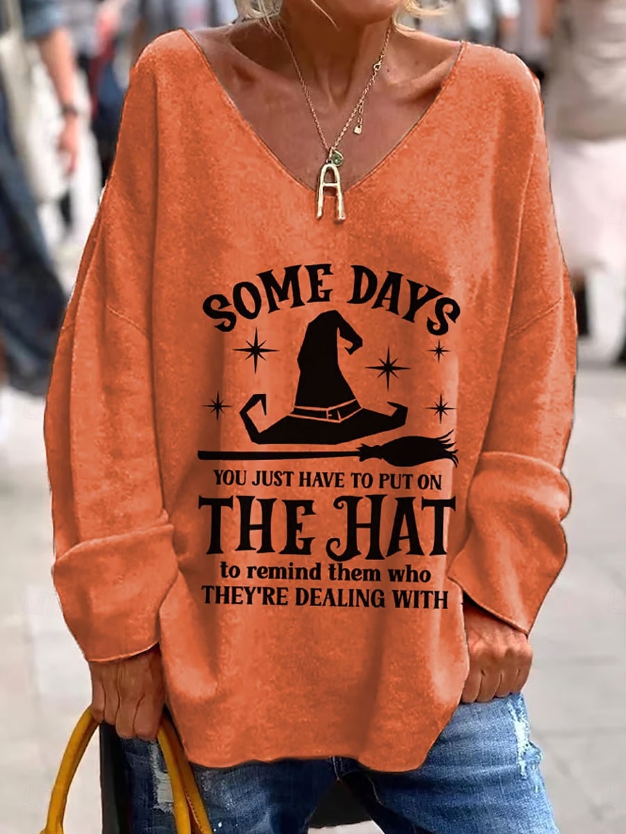 Halloween Damen T Shirt Grafik Buchstabe Hexe Elegant Mode Lässig Langarm V Ausschnitt Normale Oberteile Täglich Wochenende Druck Schwarz Purpur Orange Grün Grau Frühling Herbst 2025 - $27.99 –P1