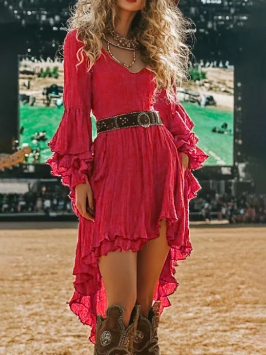 Damen Minikleid Boho-Kleid Westernkleid Mode Klassisch Modern Outdoor Ferien Ausgehen Normale Passform Einfach Langarm V Ausschnitt Rote Sommer 2025 - $31.99 –P1