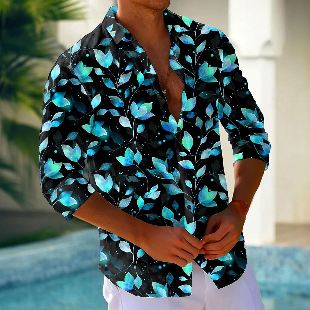 Men's Leaf Neon Glow Shirt Button Up Shirt Long Sleeve Fashion Casual Holiday Streetwear Summer Spring Turndown 3D Print Collared Shirts Pink Blue Purple Green 2026 - $27.99 –P2