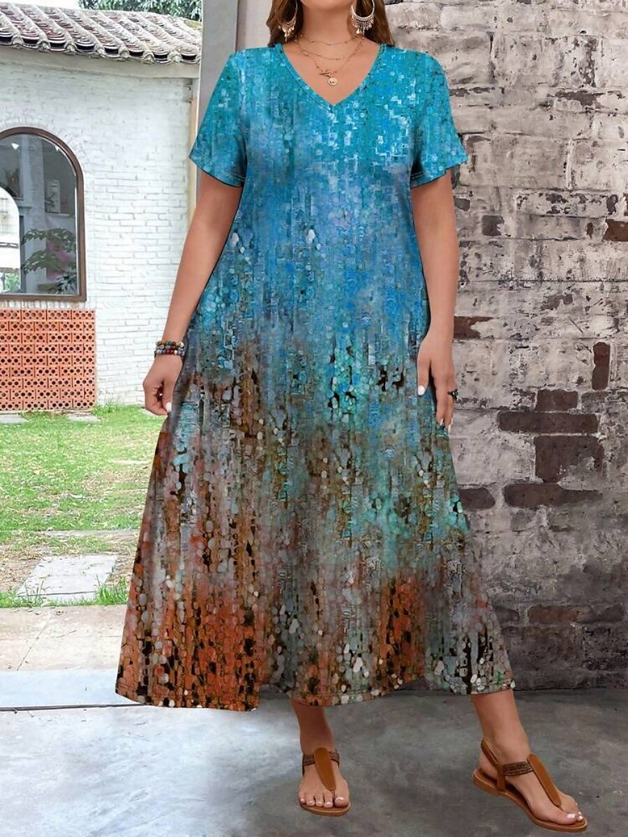 Damen Übergröße Freizeitkleid Ombre V Ausschnitt Kurzarm Sommer Frühling Mode Modern Lässig Maxikleid Ferien Wochenende Kleid 2025 - $28.99 –P16