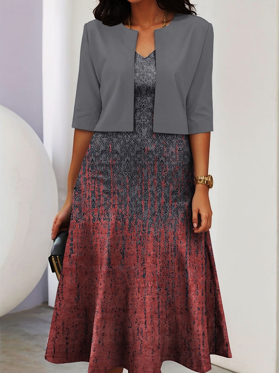 Ensemble de robes pour femmes en deux pièces robe midi avec veste élégante robe en A manches mi-longues robe décontractée semi-formelle imprimé graphique ombragé encolure en V rendez-vous noire rose de 2025 ? $36.99 –P3