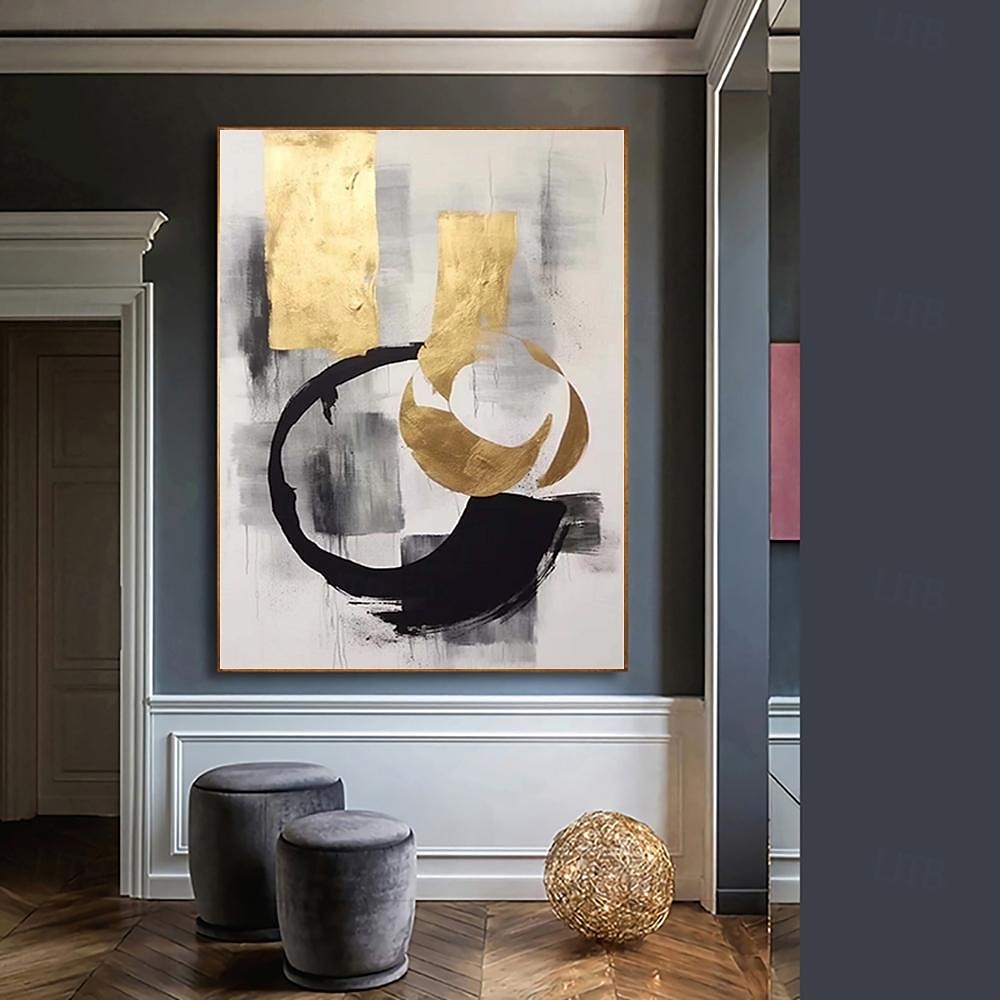 handgefertigtes Ölgemälde auf Leinwand, Wandkunst, Dekoration, schwarz-weiß, schlicht, abstrakt, Goldfolien-Applikation für Heimdekoration, gespannter Rahmen, hängendes Gemälde/gerolltes rahmenloses, 2025 - $54.99 –P4