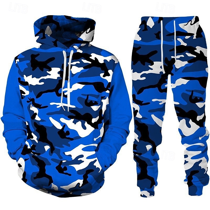 Voor heren Trainingspak Kledingset Truien instellen Capuchon Buiten Dagelijks Sport Zak Trekkoord camouflage Blozend Roze Rood Marineblauw Grafische afdruk Polyester Sportkleding Modieus Streetwear 2025 - $34.99 –P5