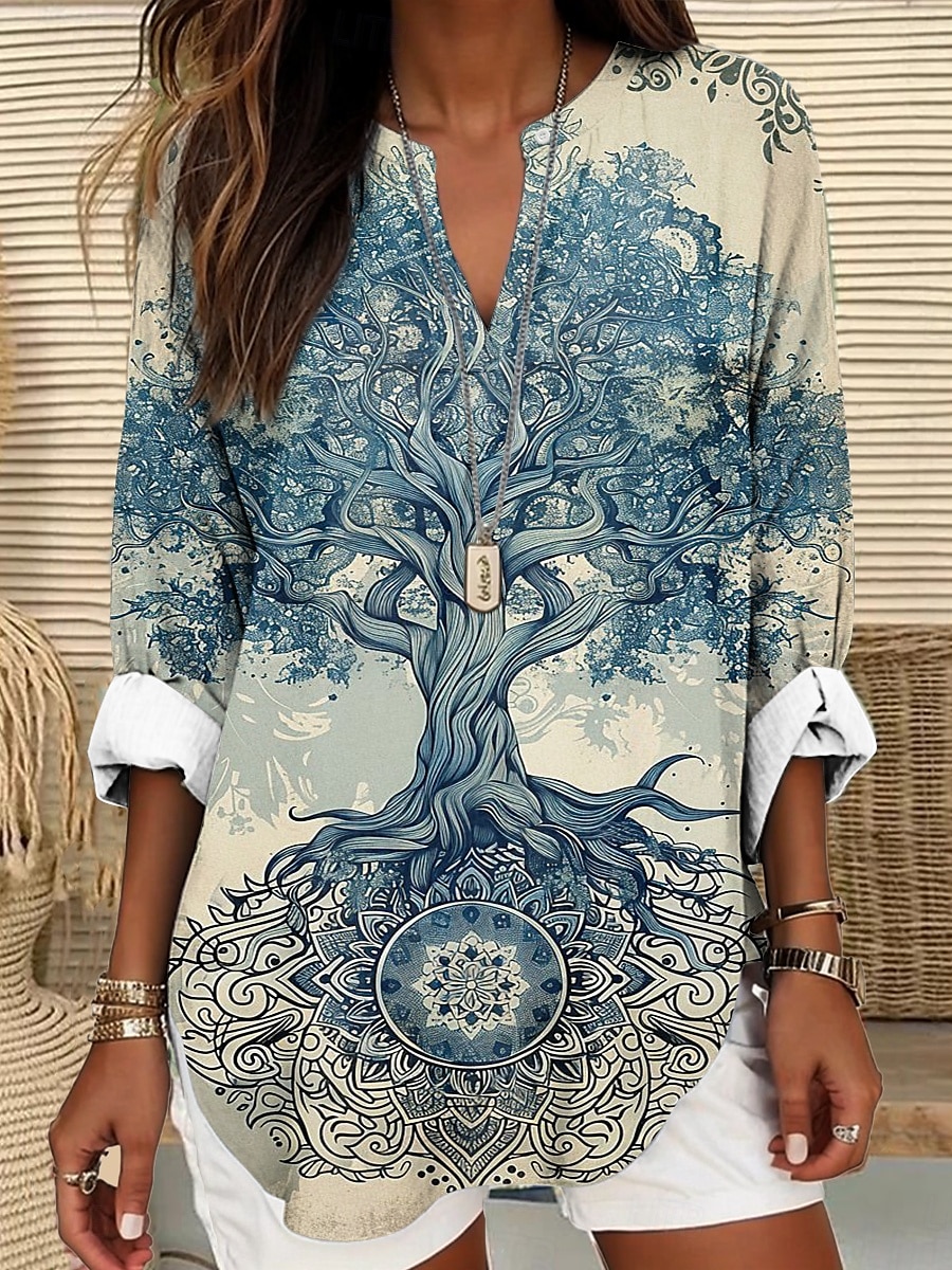 Dame Bluse Blomstret Grafisk Blad Elegant Stilfull Langermet V-hals Vanlige topper Daglig Ferie Trykt mønster Blå Dusty Blue Lys Lilla Lilla Oransje Sommer Vår 2025 - $24.99 –P7