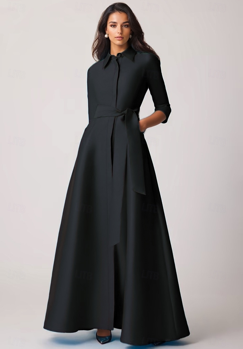 Abito da sera a trapezio abito elegante matrimonio formale da ospite lunghezza a terra manica a metà collo a revers tasca chiffon satin con fiocco/i tasca a spalline del 2025 a $142.99 –P4