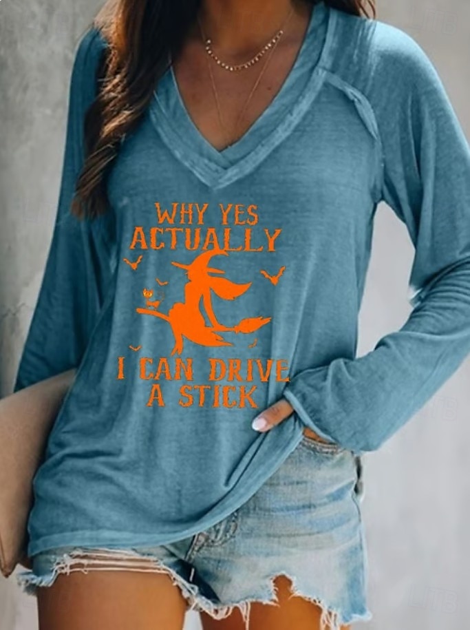 Women's T shirt Witch Long Sleeve V Neck Long Sleeve Graphic Casual Letter Vintage Stylish Western Tops Daily Weekend Vacation Wear Print Black White Pink Navy Blue Blue Spring Fall Prefall 2025 - $22.99 –P6