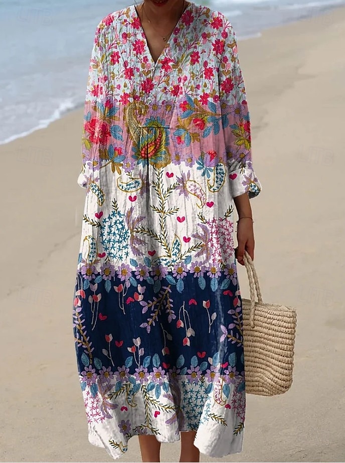Pentru femei Rochie Maxi Rochie de Vară Rochie A line Vacanță Casual Ieșire Potrivire Largă Floral Grafic Imprimeu Paisley Manșon Lung În V Roz Deschis Negru Roz Închis Portocaliu Vară Primăvar 2025 - $35.99 –P4