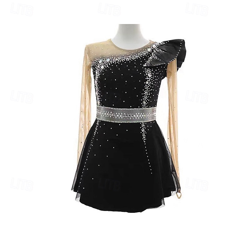 Eiskunstlaufkleid Damen Mädchen Eislaufen Kleid Schwarz Patchwork Daumenloch Netzstoff Spandex Dehnbar Training Übung Professionell Eiskunstlaufkleidung Thermowarm Kristall / Strass Langarm Eislaufen 2025 - $204.39 –P1