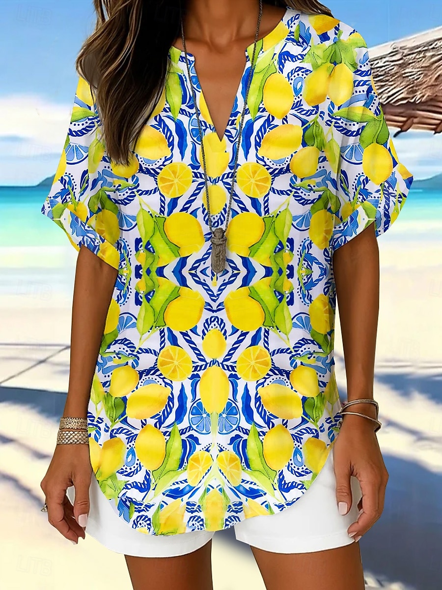Pentru femei Cămașă Boho Floral Grafic Frunză Elegant Boemia Zilnic Manșon scurt În V Topuri obișnuite Zilnic Concediu Galben Roz Îmbujorat Albastru piscină Vară Primăvară 2025 - $23.99 –P3