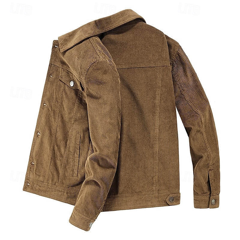 Men's Corduroy Jacket Cargo Jacket Casual Jacket Vacation Daily Pocket Fall Winter Plain Fashion Classic Lapel Regular Black Khaki Coffee Gray Jacket 2025 - $68.99 –P2