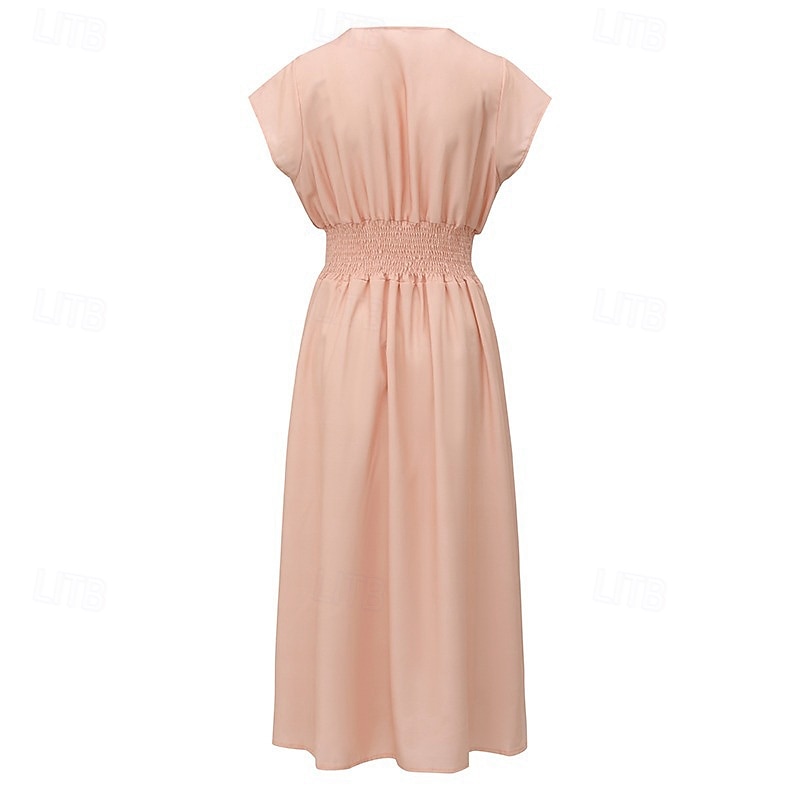 rochie midi pentru femei boem cu decolteu în V broderie florală talie elastică șnur cu mânecă scurtă vacanță la plajă roz confortabil potrivire regulată îmbrăcăminte ocazională de vară 2025 - $31.99 –P2
