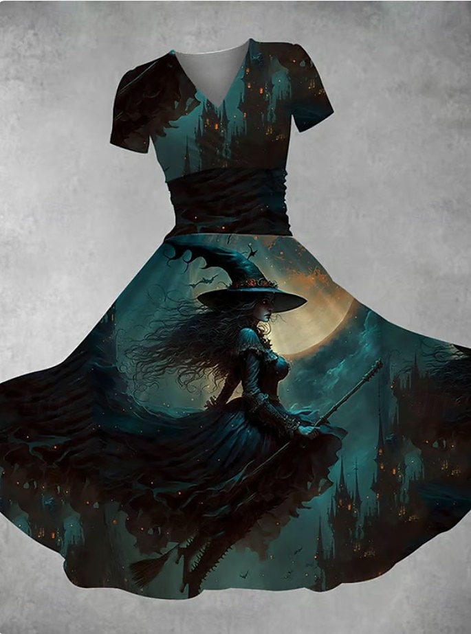 Halloween Dámské Midi Šaty A-Liniové Šaty Letní Šaty Fit a Flare Party Casual Denní Prázdny Regular Fit Graphic Abstraktní Krátký rukáv V výstřih Tmavě zelená Bílá Vínová červená Léto Podzim 2025 - $26.99 –P5