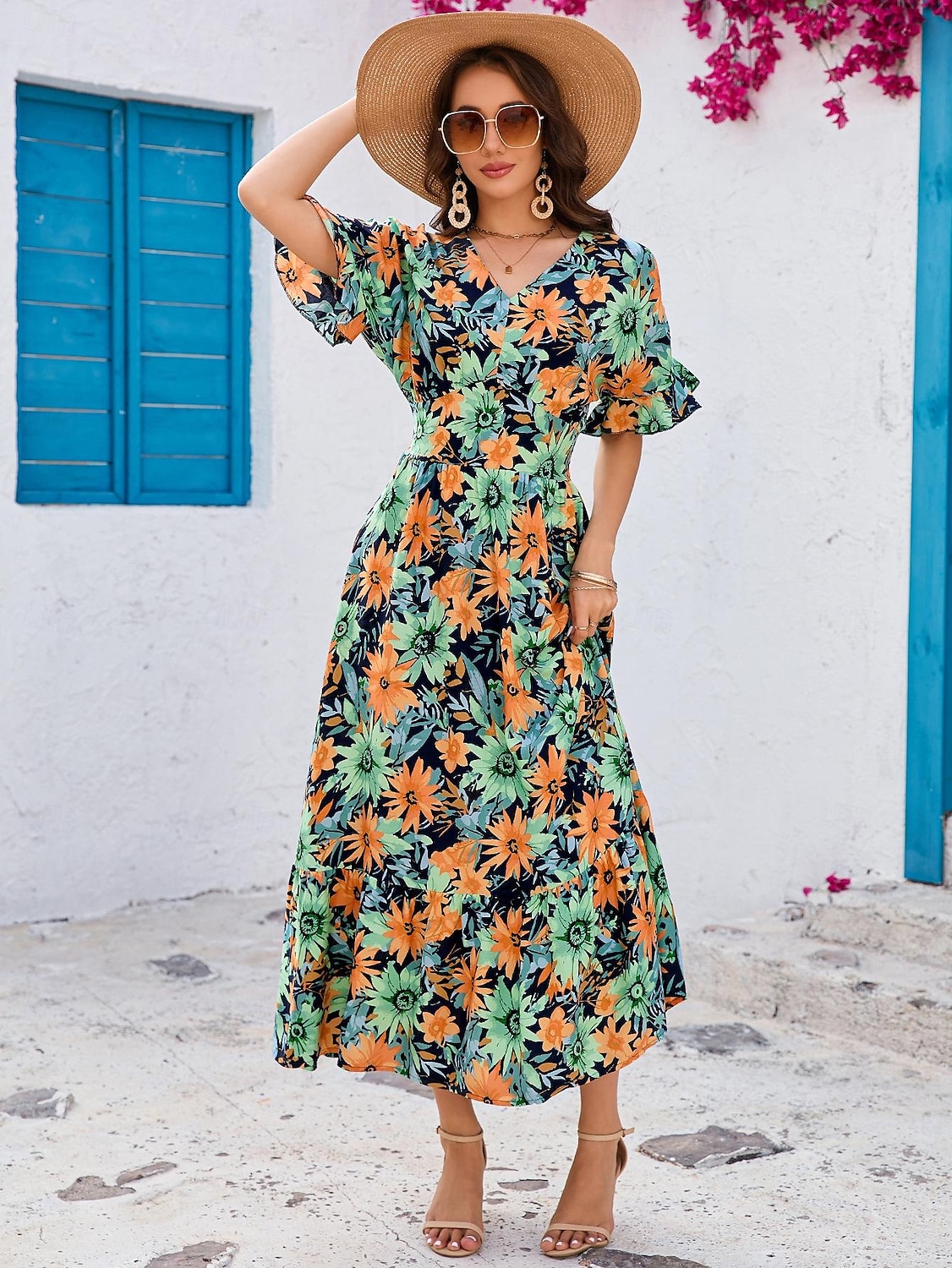 Damskie Sukienka maxi Sukienka letnia Sukienka A line Urlop Codzienny Boho Impreza Wyjściowe Plaża Luźny / a Kwiaty Graficzny Krótki rękaw W serek Kolor Lato Wiosna 2025 - $32.99 –P5