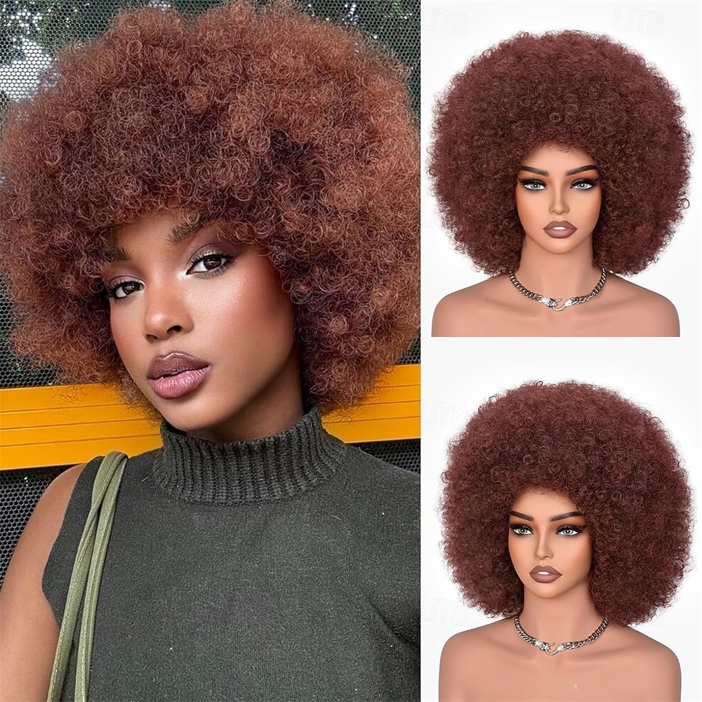 Parrucche afro per donne nere, parrucca afro riccia crespa anni '70 con frangia, parrucche soffici ed enormi, capelli sintetici per cosplay quotidiani e feste, 14 pollici del 2025 a $25.99 –P2