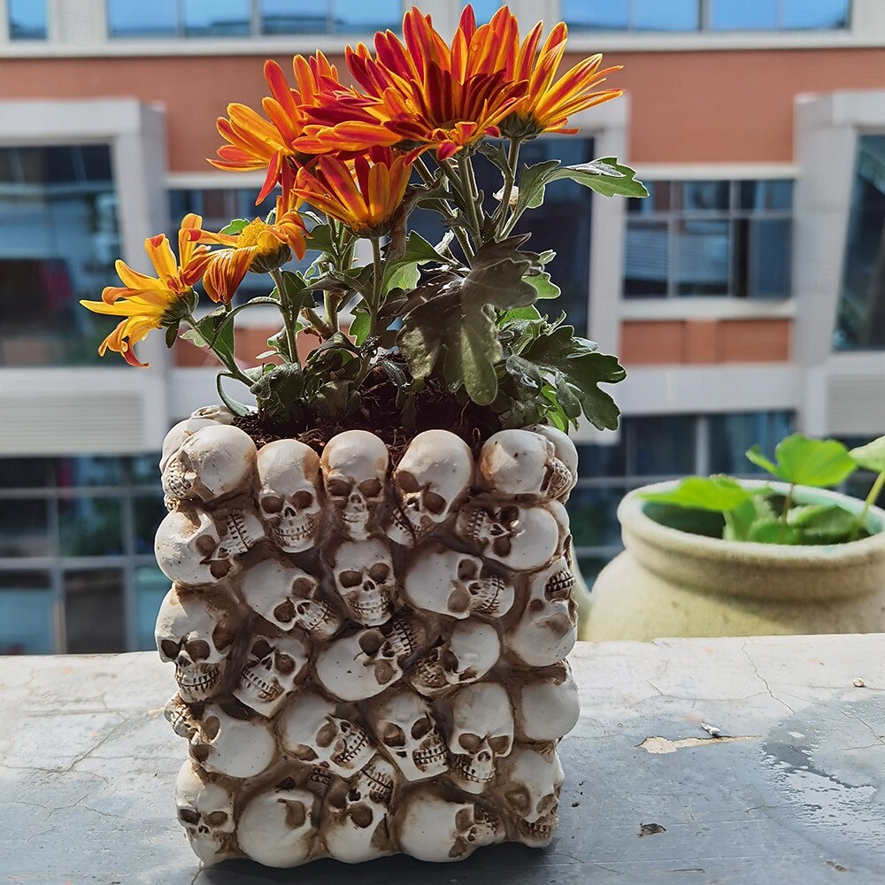 Halloween Skull Ornament Square Skeleton Head Pen Holder Desktop Organizer Resin Mini Flower Pot Gothic Style Decorative Home Accessory for Office or Study Desk Display 2025 - $19.49 –P3