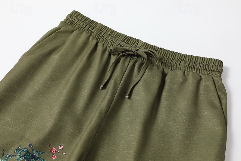 Pantalones anchos bohemios para mujer, largos, con estampado de flores naturales, bolsillos y cordón elástico, cómodos para exteriores, vacaciones, fin de semana, color verde, corte regular. 2025 - $24.99 –P6