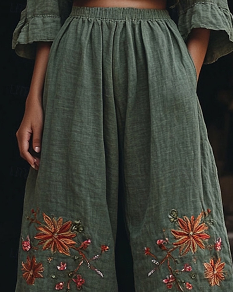 Women's Wide Leg Pants Trousers Palazzo Pants Fashion Boho Full Length High Waist Flower Elastic Waist Print Breathability Comfortable Street Daily Wear Going out Army Green Spring Fall Regular Fit 2025 - $32.99 –P2