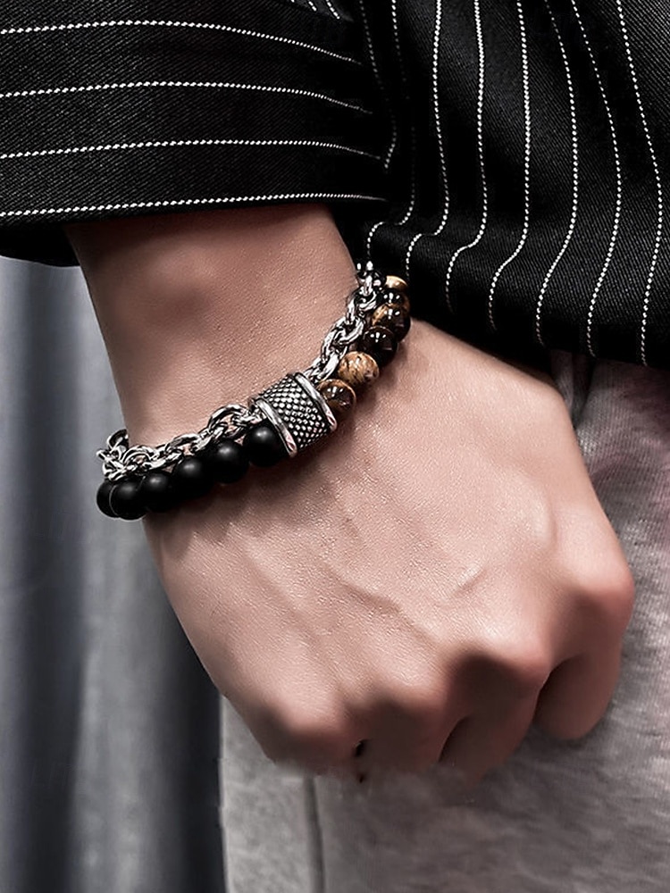 мужской браслет-цепочка из натуральных камней с бусинами – двухрядный регулируемый браслет с застежкой-тогл для повседневного, уличного и праздничного стиля 2025 - $9.99 –P4