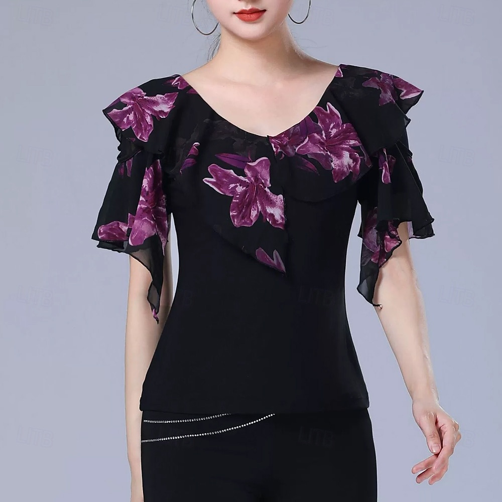 Latin Dance Top Printing Splicing Women's Performance Training Short Sleeve High Polyester 2025 - $36.99 –P2