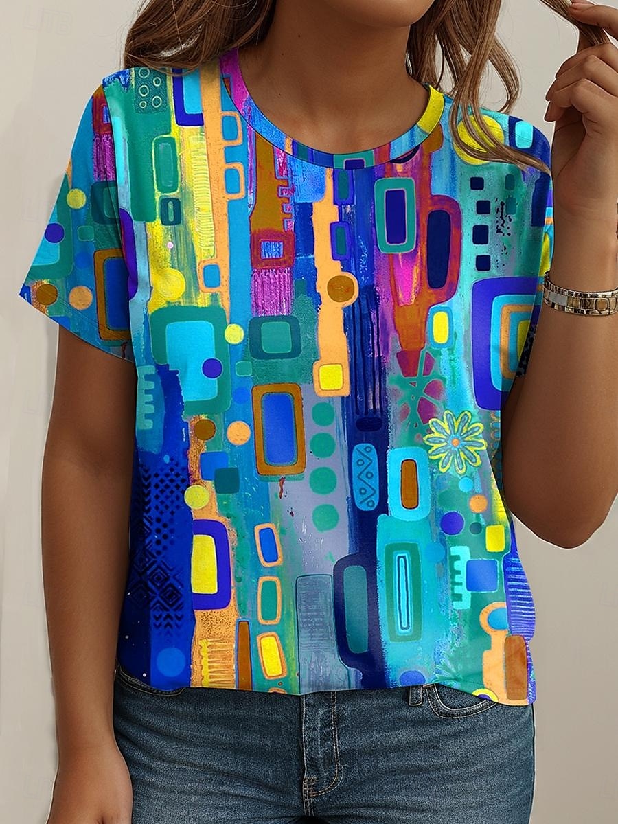 Damen Übergröße Oberteile T Shirt Grafik Abstrakt Druck Kurzarm Rundhalsausschnitt Lässig Täglich Polyester Sommer Frühling Weiß Blau 2025 - $19.99 –P5