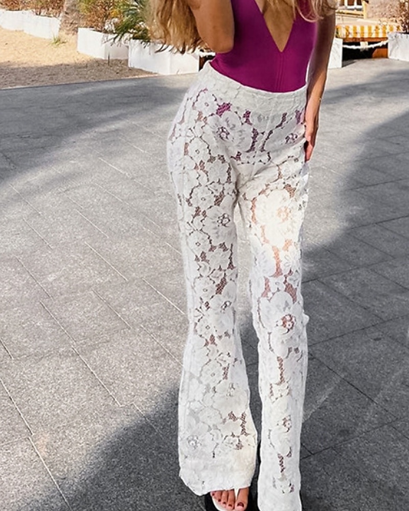 Per donna Gamba larga Pantaloni a zampa Pantaloni Eleganti Streetwear Casual Lunghezza intera Naturale Semplice Pizzo Elastico in vita Morbido Ferie Abbigliamento quotidiano Weekend Bianco Autunno del 2026 a $29.99 –P4