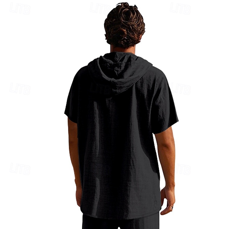 Men's Shirt Linen Shirt Popover Shirt Casual Shirt Cotton Shirt Plain Vacation Street Black White Navy Blue Brown Short Sleeve Hooded Summer Clothing Apparel Lace up 2025 - $22.99 –P14