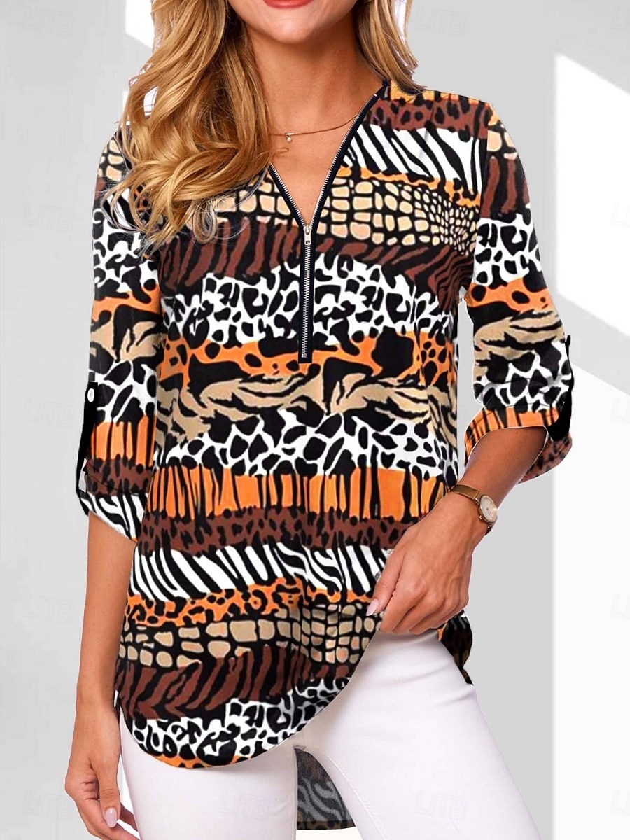 Dame Bluse Blomstret Grafisk Geometrisk Stilfull Fritid Langermet V-hals Vanlige topper Daglig Glidelås Trykt mønster Svart Hvit Rosa Marineblå Blå Sommer Vår Høst 2025 - $23.99 –P7