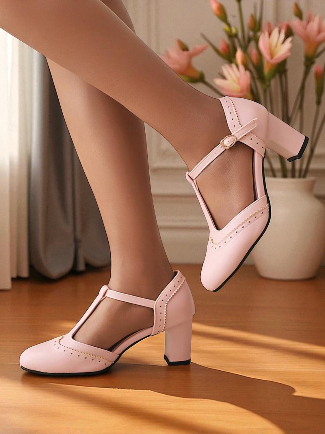 Tocuri roz cu bareta în T pentru femei - pantofi retro cu toc mediu, detalii brogue și cataramă reglabilă pentru petreceri de ceai, ținute de zi cu zi și ținute inspirate din anii 1950 2025 - $42.99 –P5
