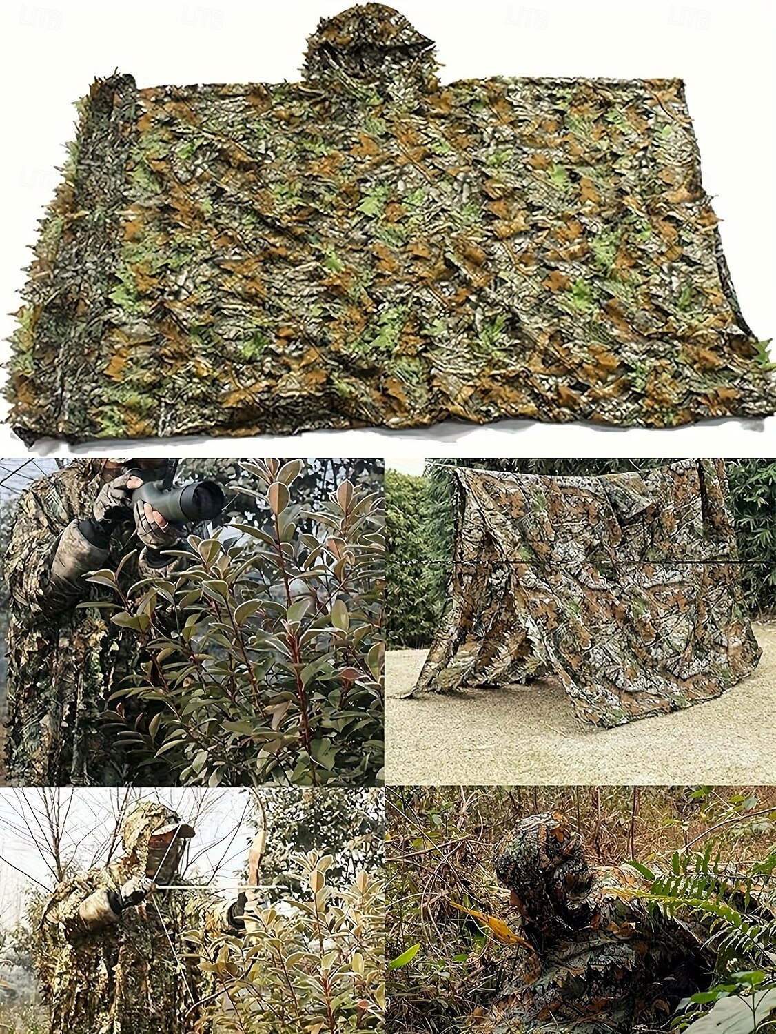 Mantello mimetico 3D con foglia d'acero, design taglia unica, cappuccio in rete, perfetto per attività all'aperto, birdwatching, caccia, giochi stealth del 2025 a $39.99 –P12