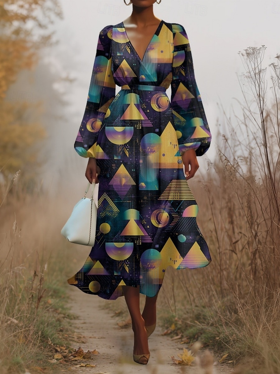 Pentru femei Rochii Midi Rochie casual Șifon Rochie leagăn Modern Vacanță Zilnic Sfârșit de săptămână Fit regulat Geometric Manșon Lung În V Albastru piscină Mov Maro Trifoi Vară Primăvară Toamnă 2025 - $31.99 –P9