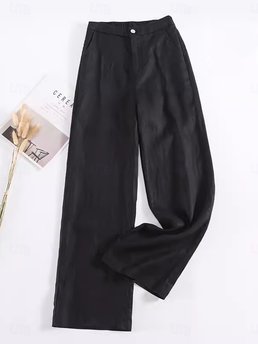 Dámské chino kalhoty s širokými nohavicemi z bavlny a lnu, etnický styl, základní, ležérní, plná délka, střední pas, bez kapes, pohodlné, outdoor, neelastické, ležérní, denní, černá, bílá, zelená, khaki, léto, jaro, regular fit 2025 - $29.99 –P6