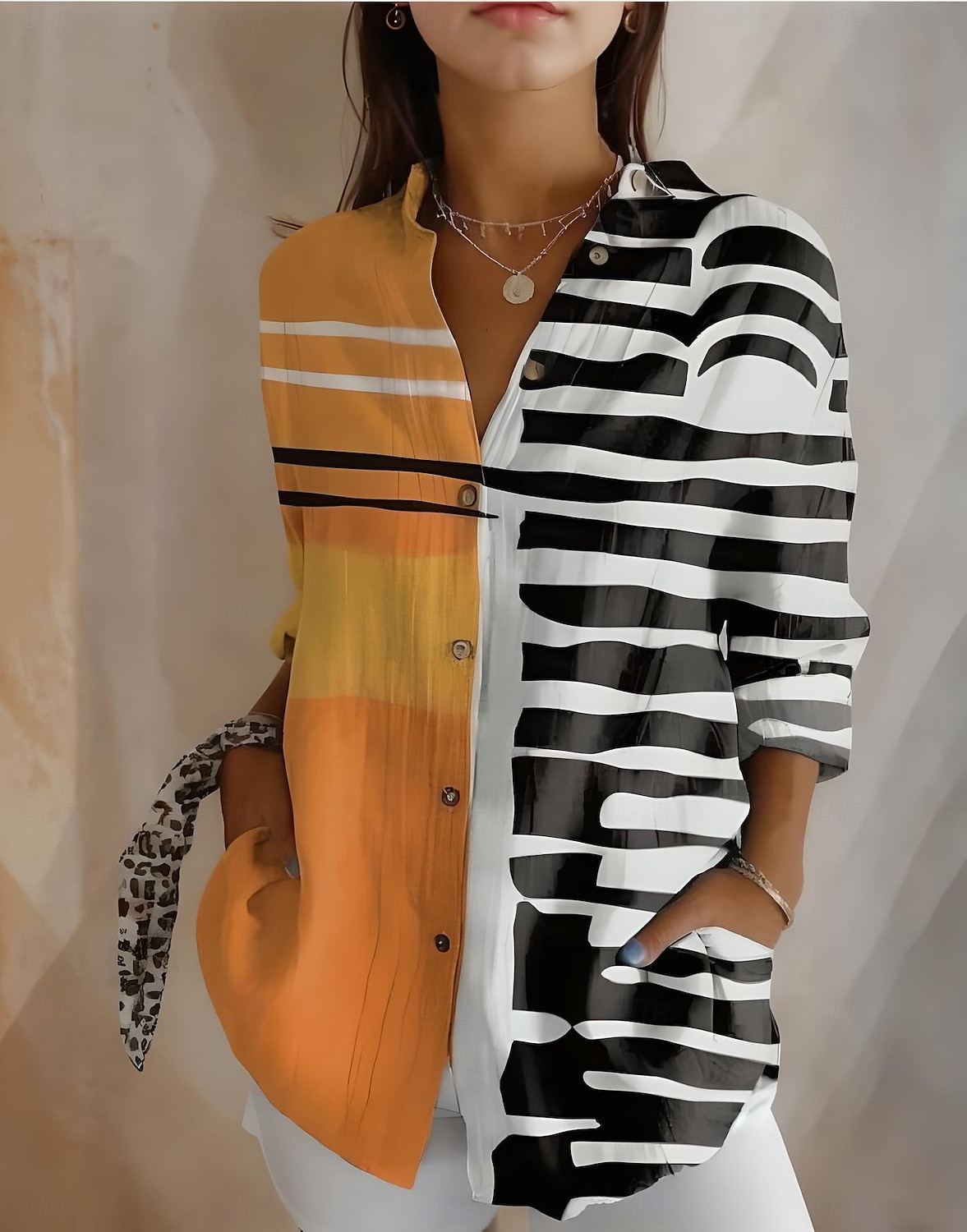 Femmes Chemise Graphique Géométrique Rayé ancien Tropical Quotidien manche longue Col de chemise Hauts Réguliers Travail Quotidien Fête Boutons Imprimé Blanche Jaune Rouge Bleu Orange Été Printemps de 2025 ? $32.99 –P5